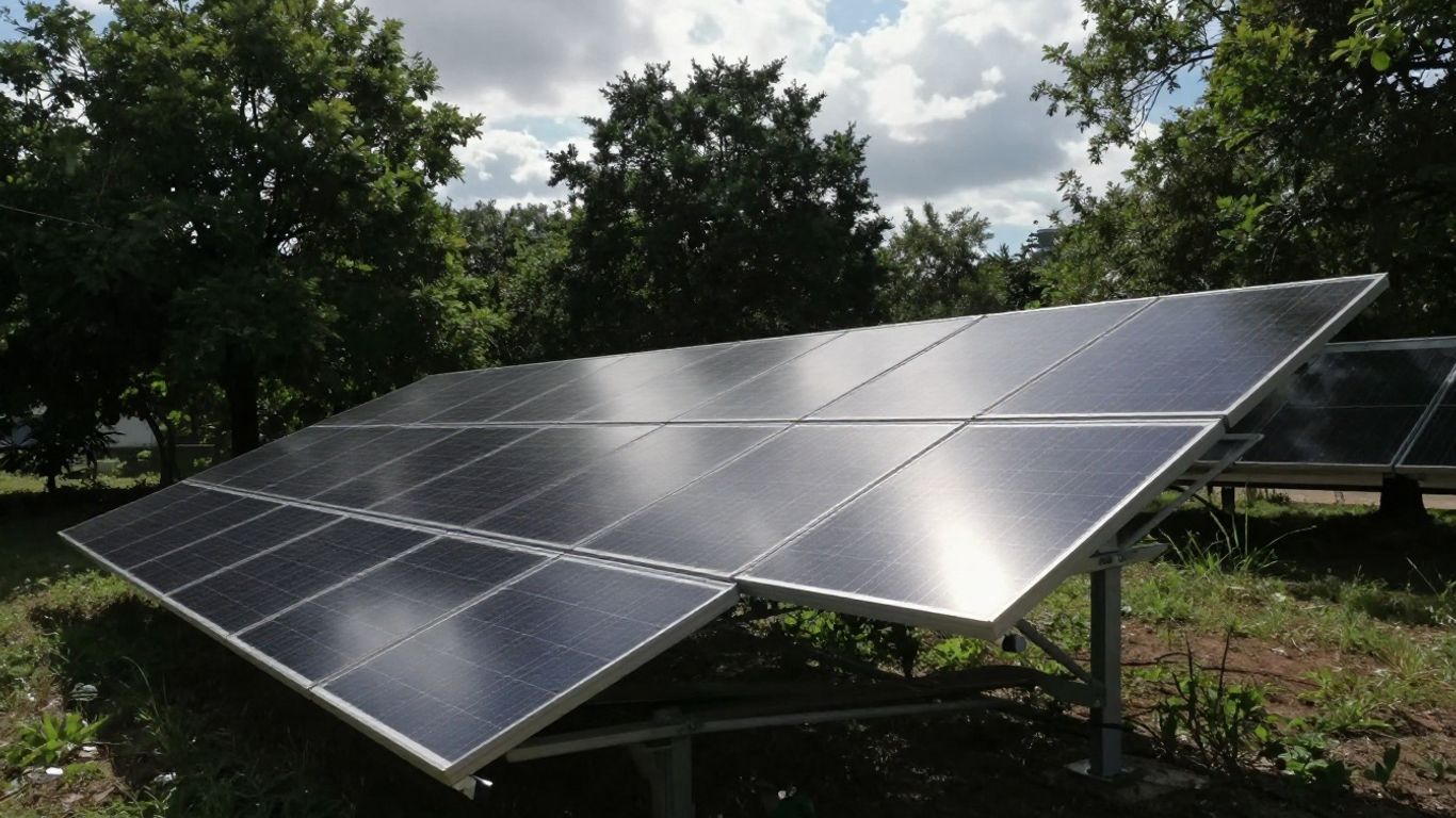 Solarmodul im Schatten mit Bäumen und sanftem Licht