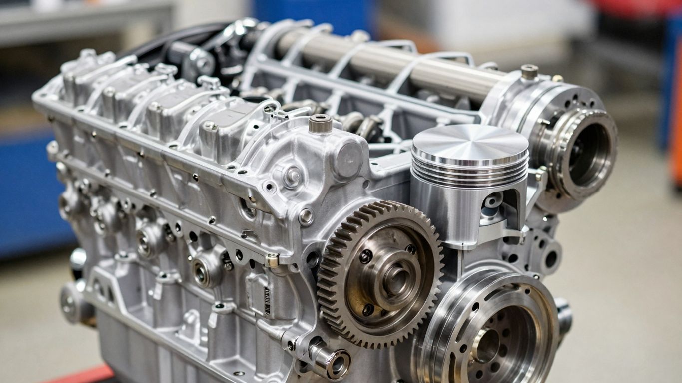 Engine and gearbox components with visible gears and pistons.