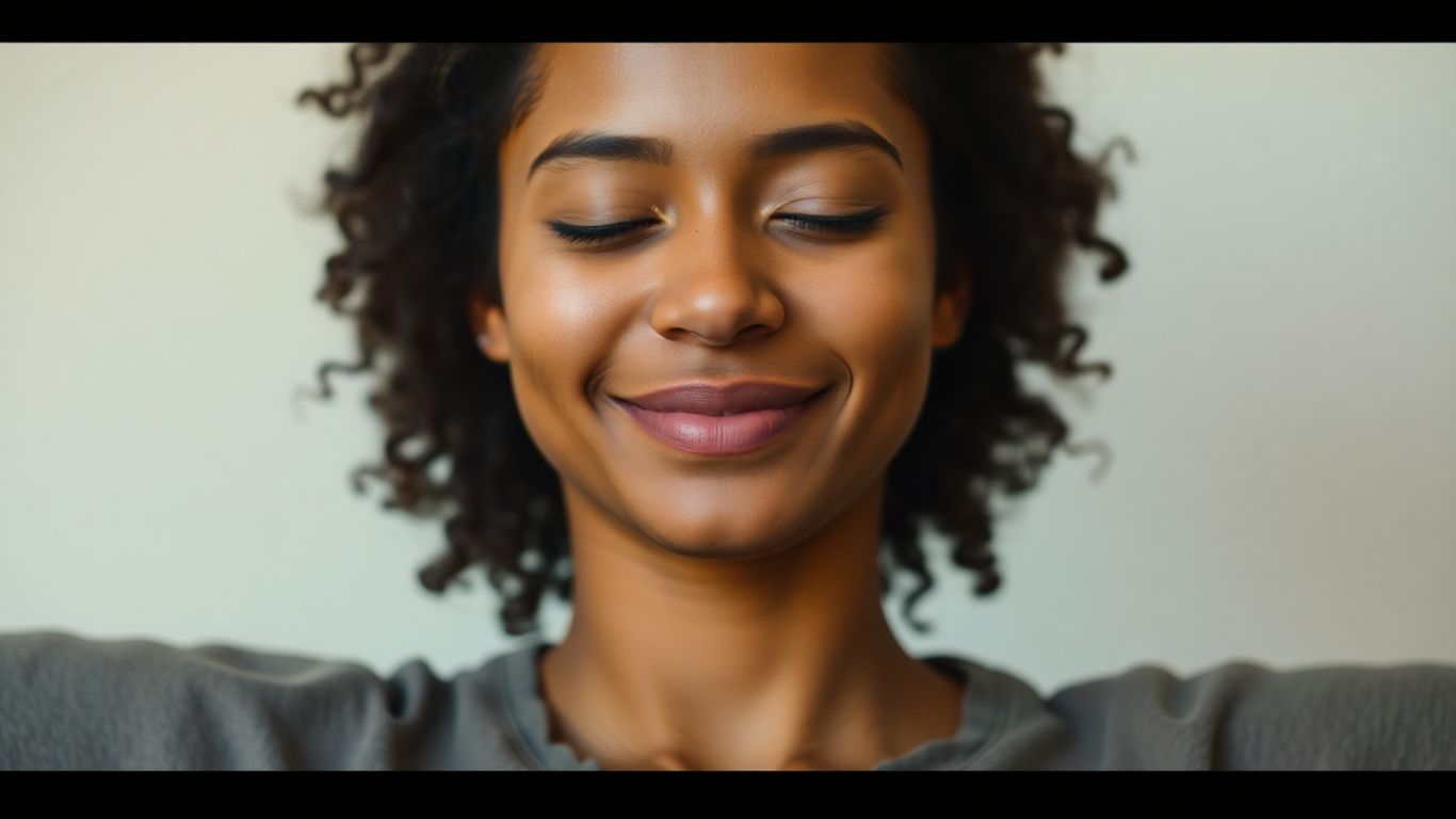 Person with eyes closed smiling peacefully.