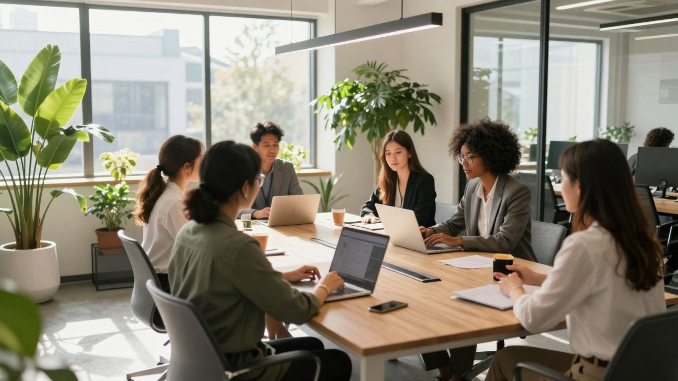 Marketing agency professionals collaborating in a modern Hertfordshire office.