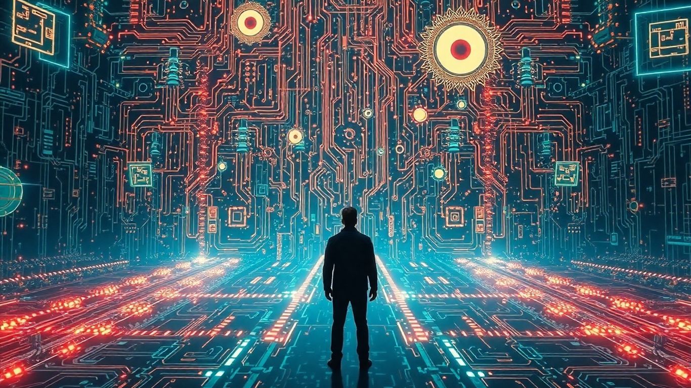 Human contemplating a vast digital network.