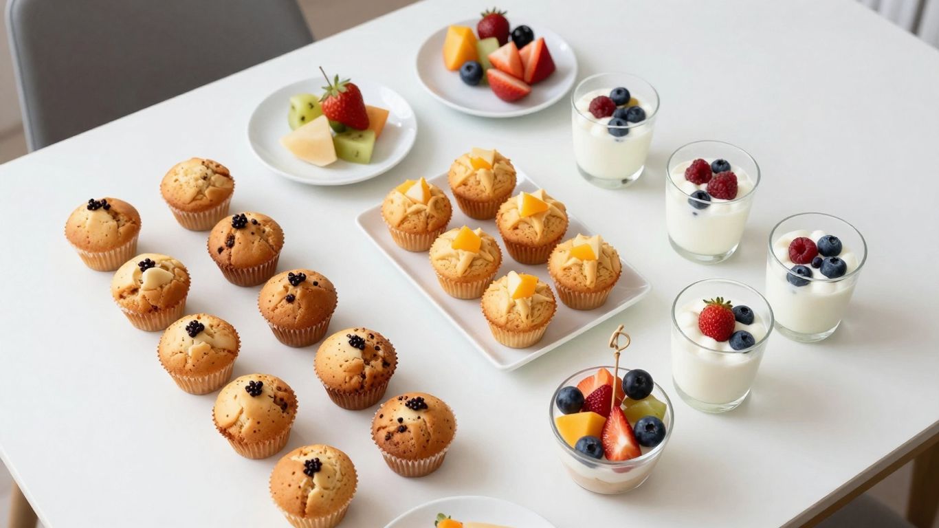 Assortment of appealing breakfast items for a meeting.