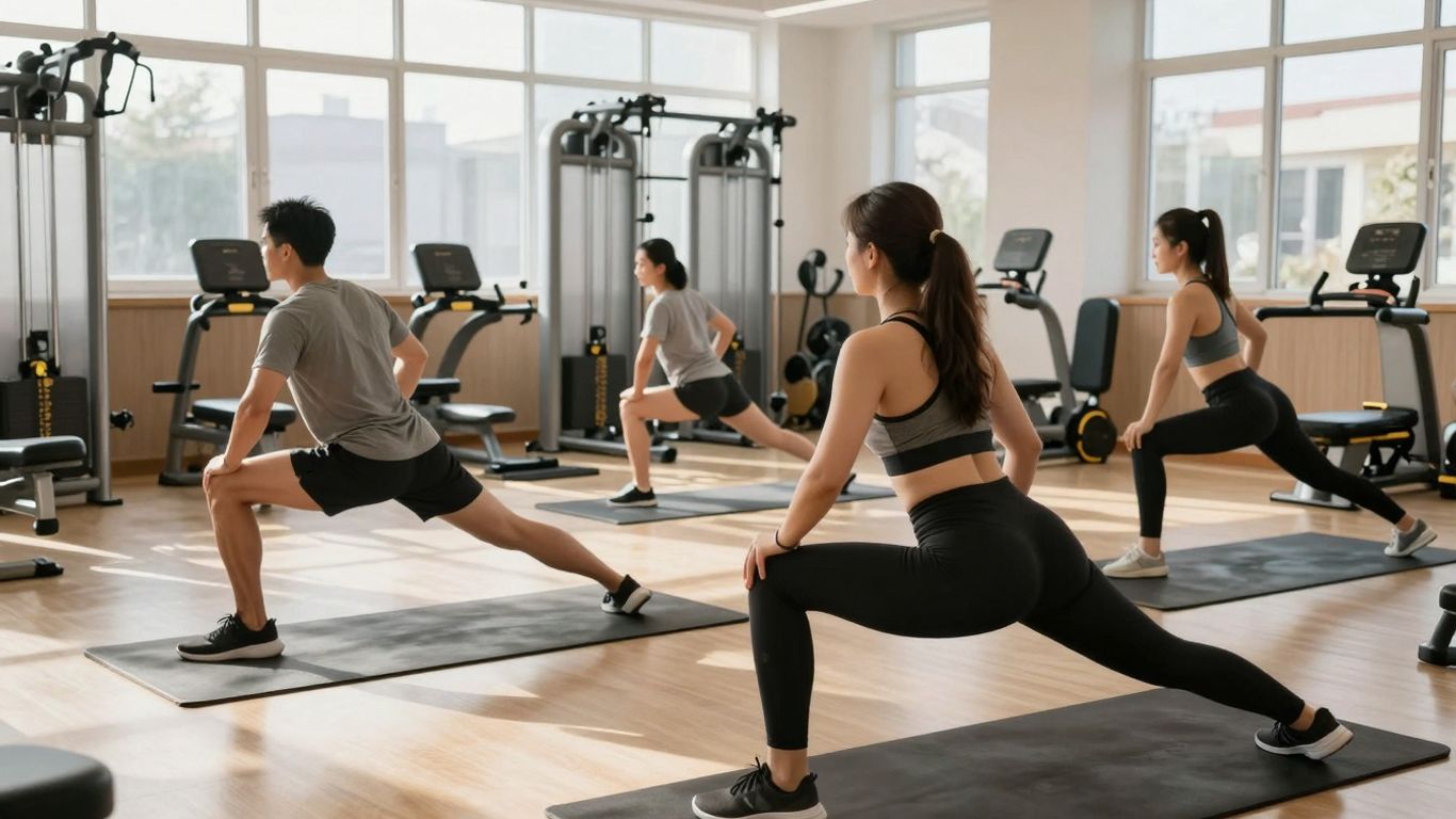 People exercising in a modern, sunlit gym.