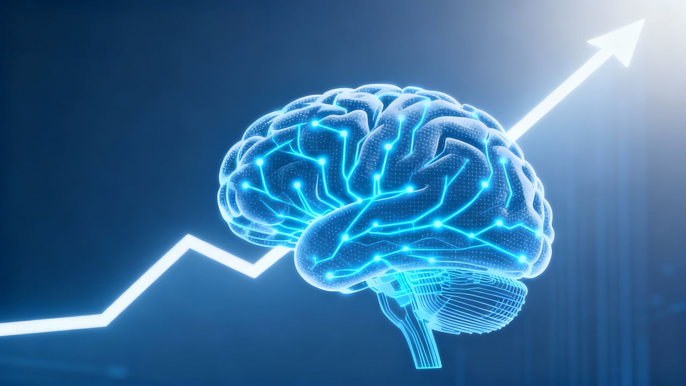 Digital brain with upward trend line