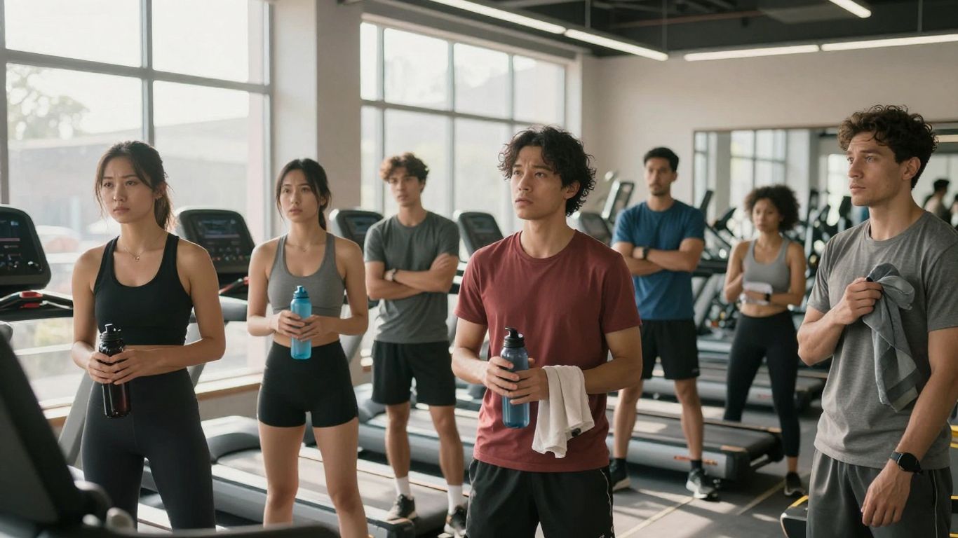 New gym members with essential gear in a bright fitness center.