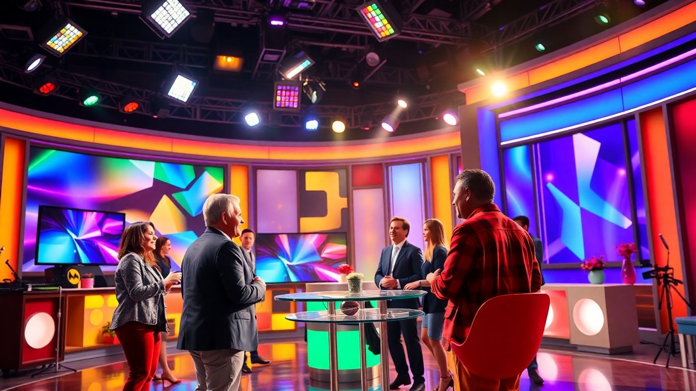 Apresentador e convidados num programa de TV animado.