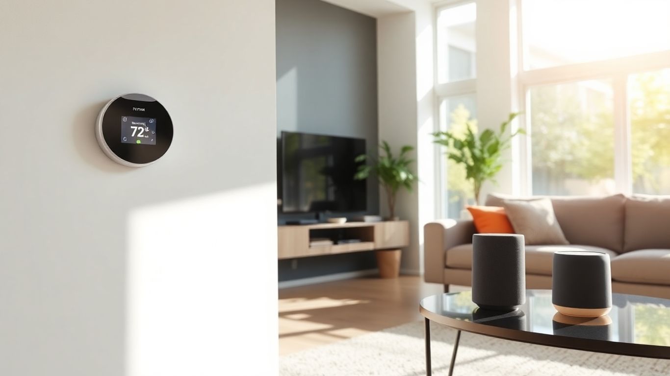 Modern living room with smart home technology.