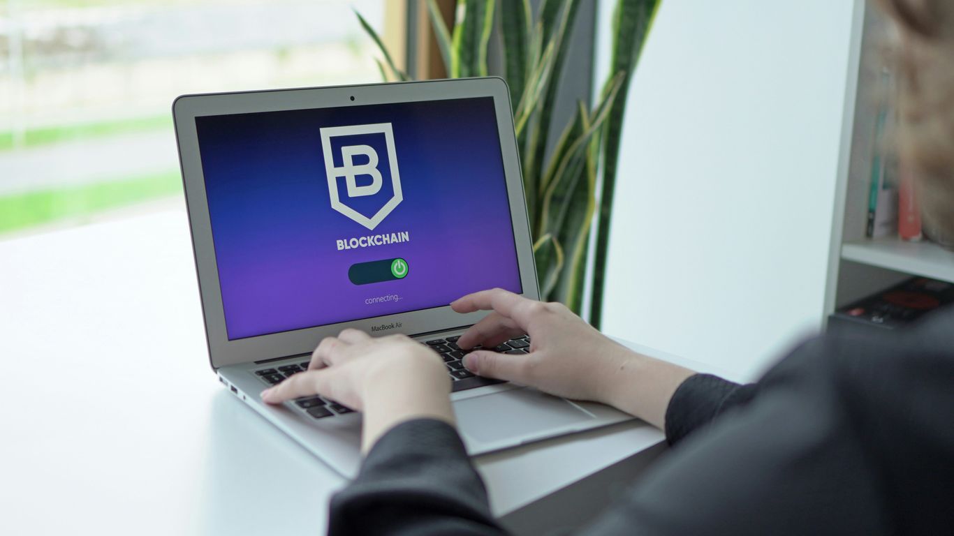 A person using a laptop to access blockchain technology.