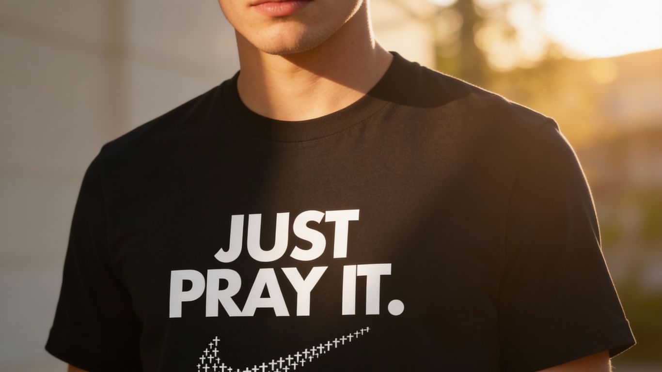 A person wears a black t-shirt with 