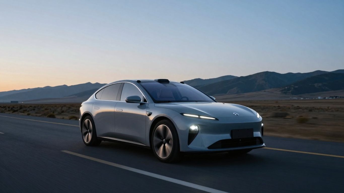 Electric car driving on a highway towards mountains.