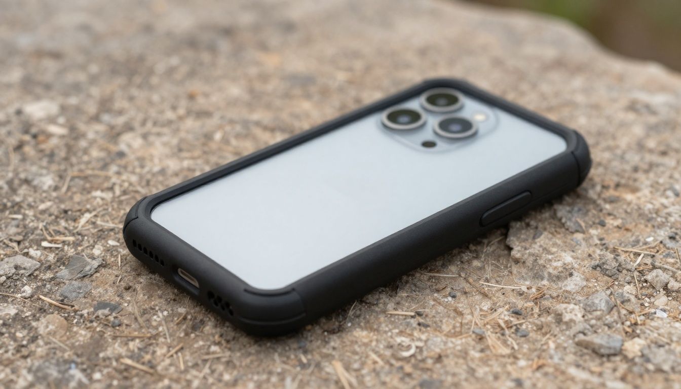 Photorealistic image of a generic smartphone in a shockproof case resting on a rough outdoor surface, such as a rock or dirt path, with natural daylight and no visible brand logos