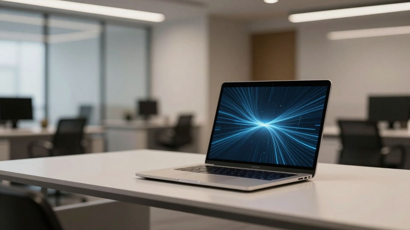 Deloitte office with laptop and digital patterns