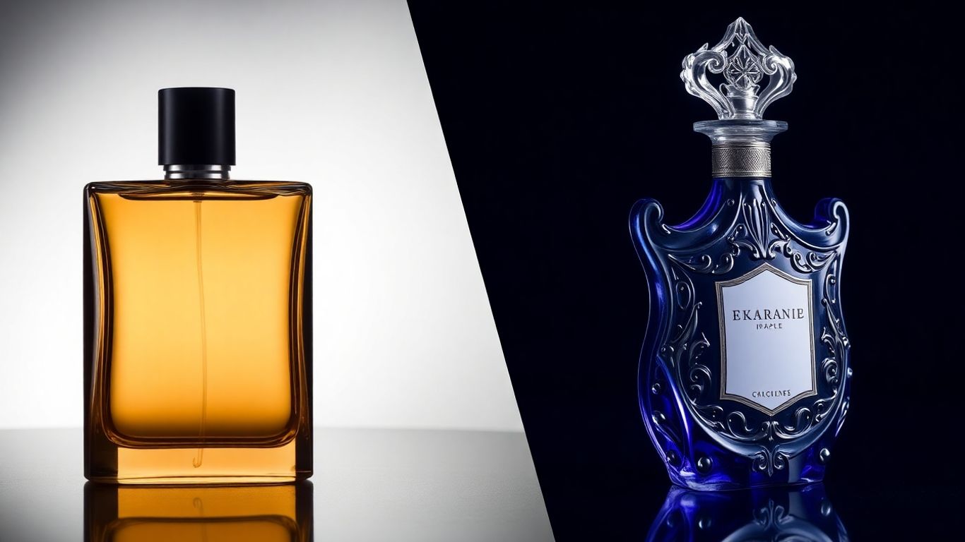 Elegant perfume bottles, one modern, one ornate.