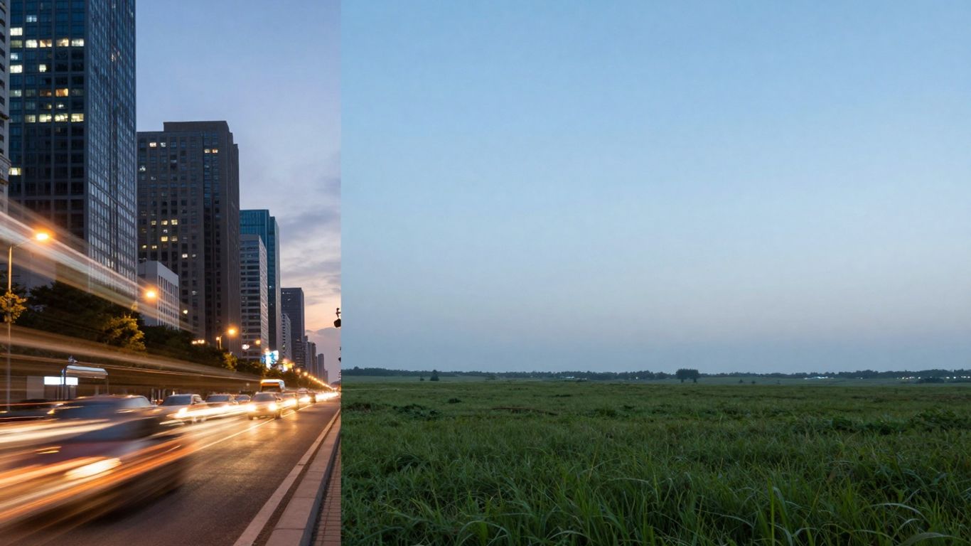 Cityscape and landscape contrast, market dynamics.
