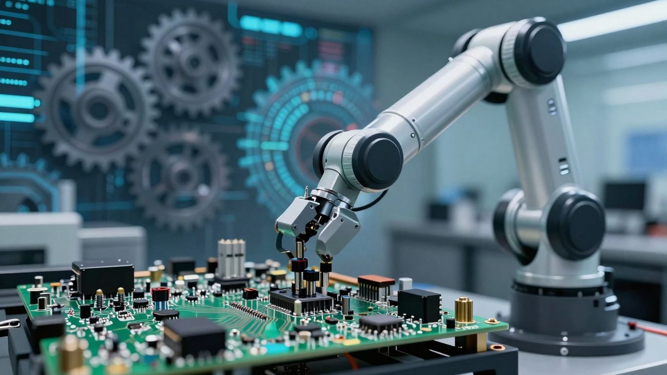 Robotic arm assembling circuit board with speed and precision.