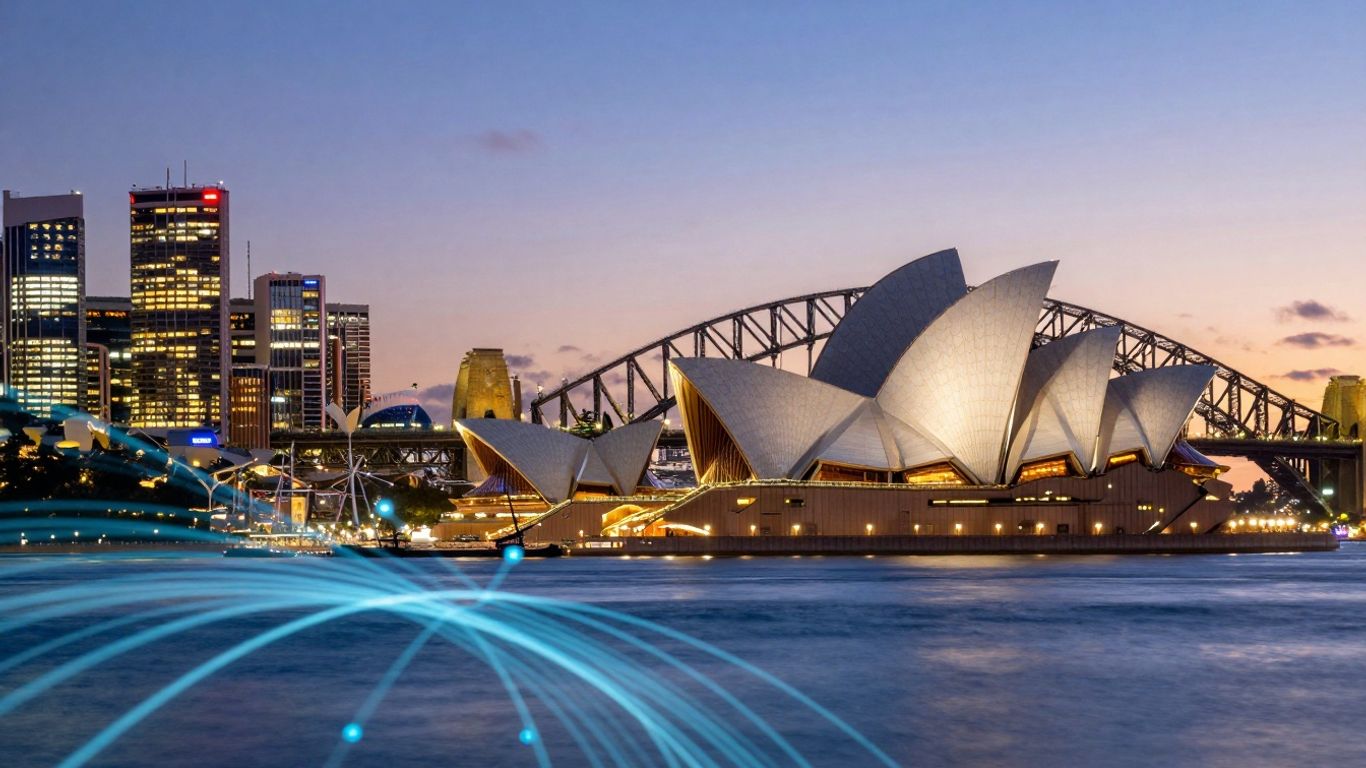 Sydney cityscape with Opera House and Harbour Bridge at dusk.
