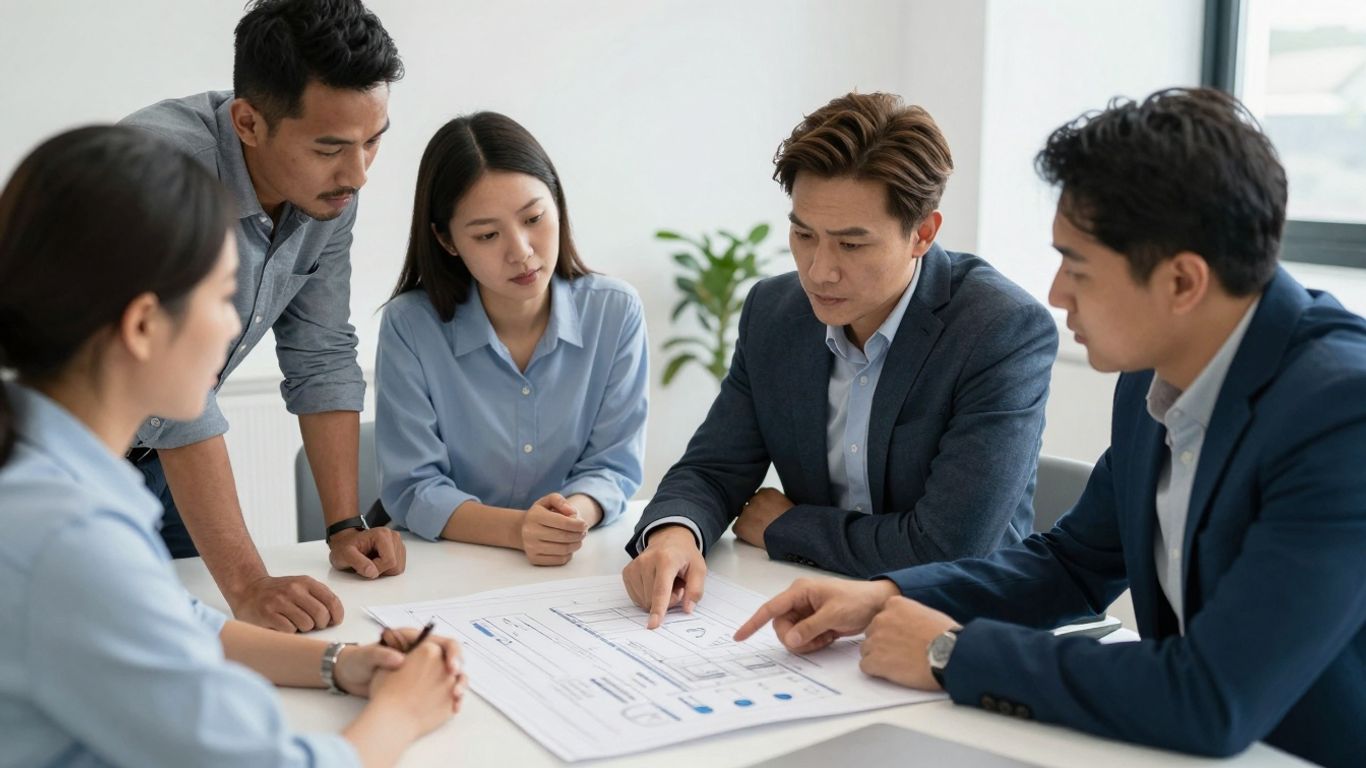 Team bespricht Marketing-Projektpläne am Tisch.