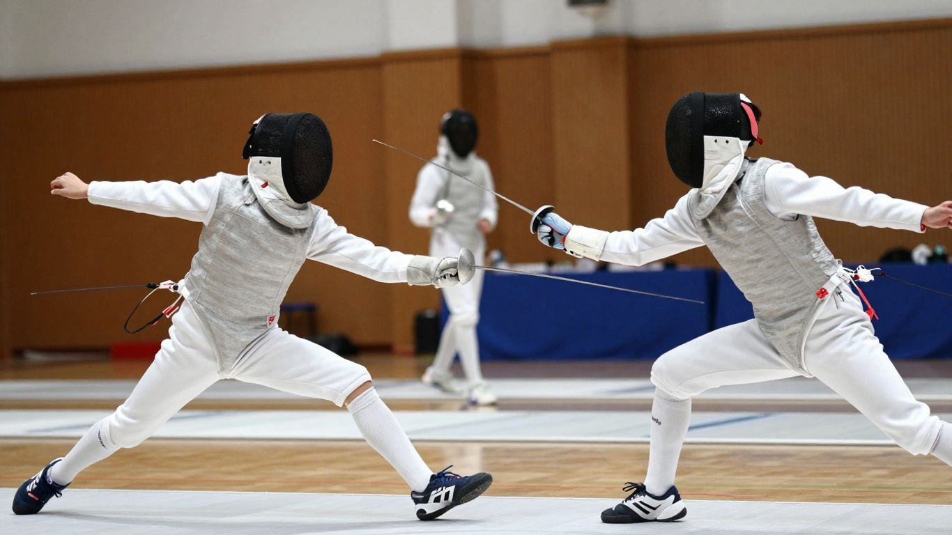 Young fencers in action with foils extended.