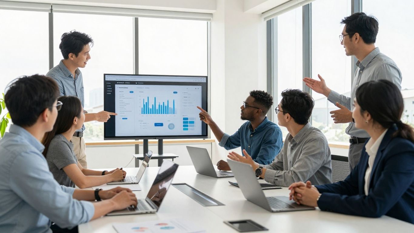 Business professionals collaborating in a modern office.