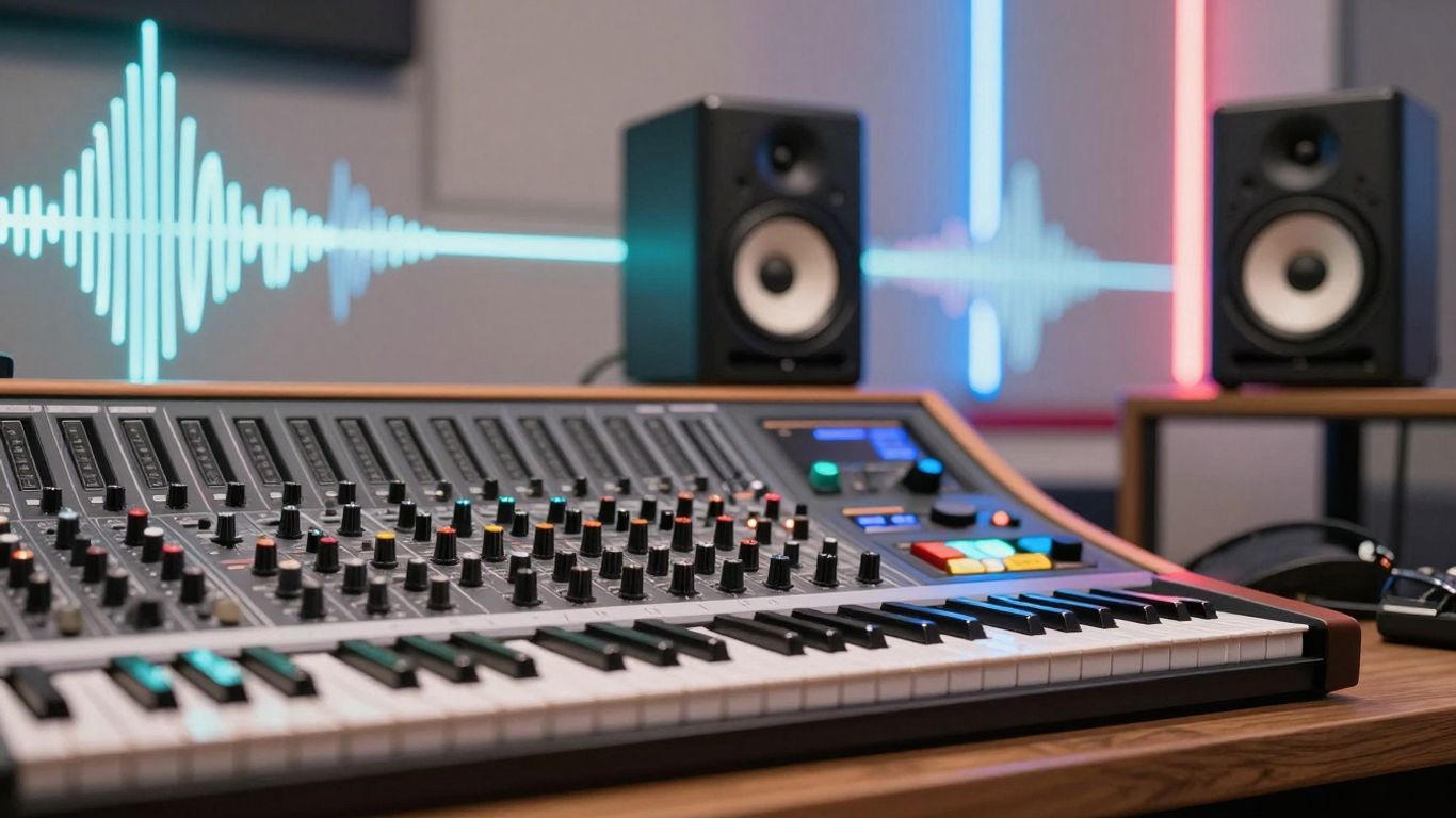 AI music production studio with glowing neon lights.