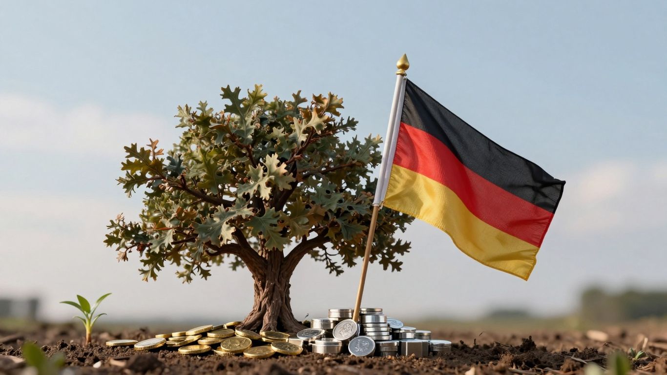 German flag and oak tree with gold coins and silver bars.