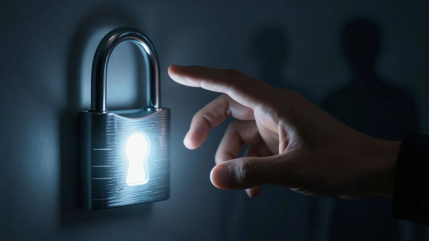 Digital lock with shadowy figures, vulnerability, protection.