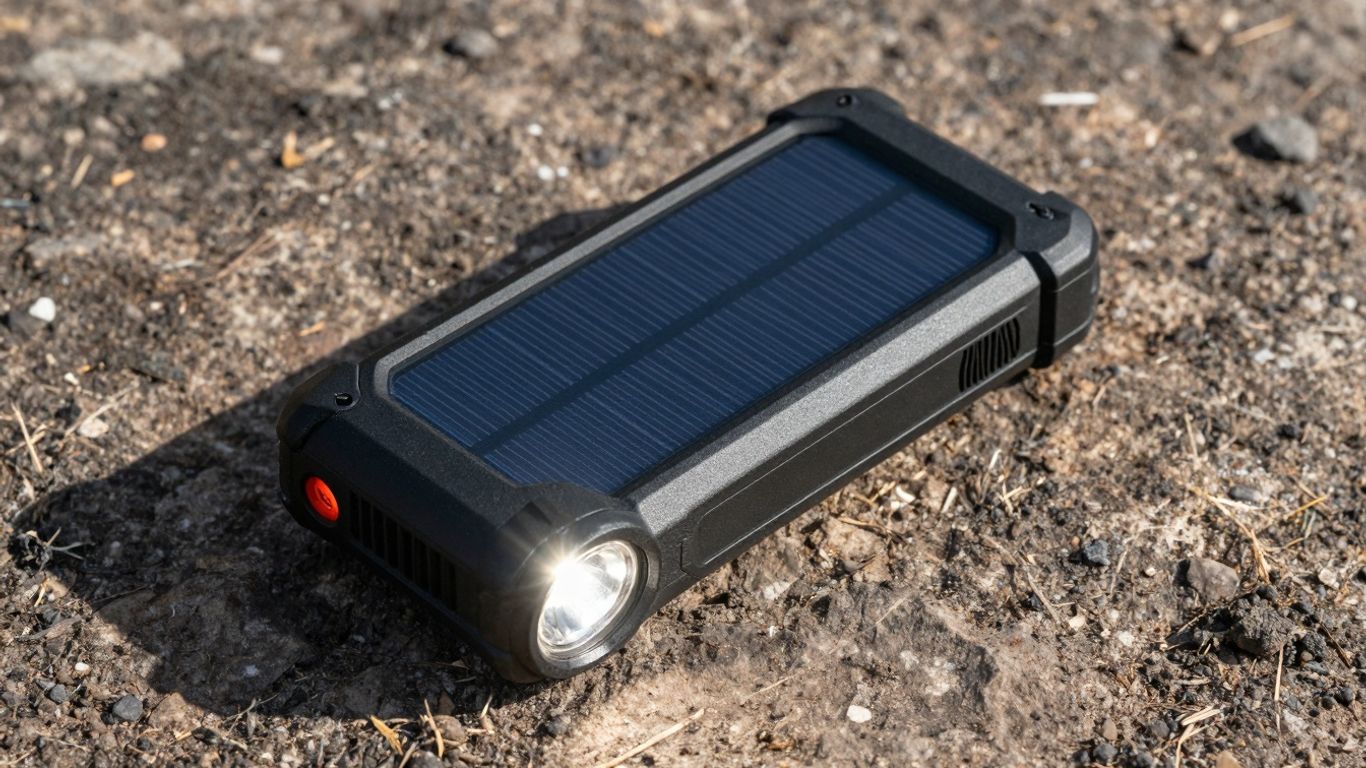 ToughTested solar power bank with flashlight outdoors.