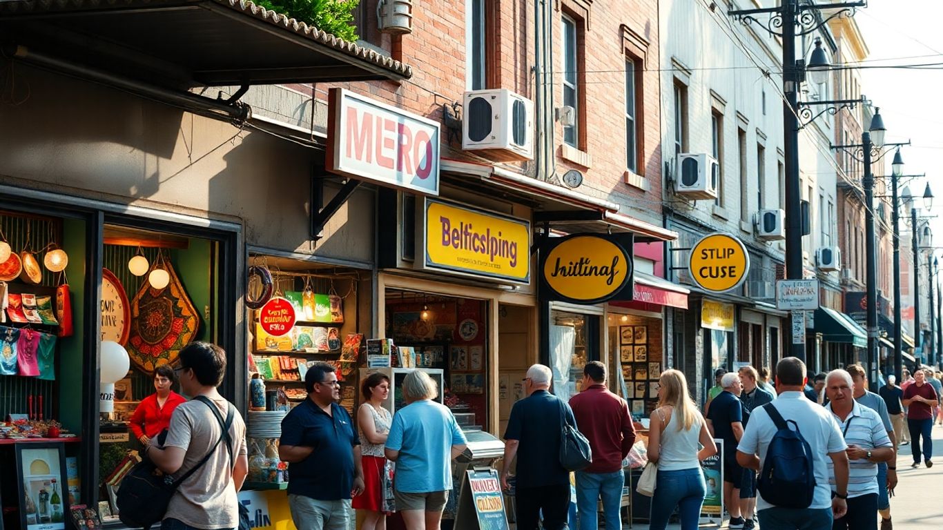 Small shops on a sunny street with people browsing.