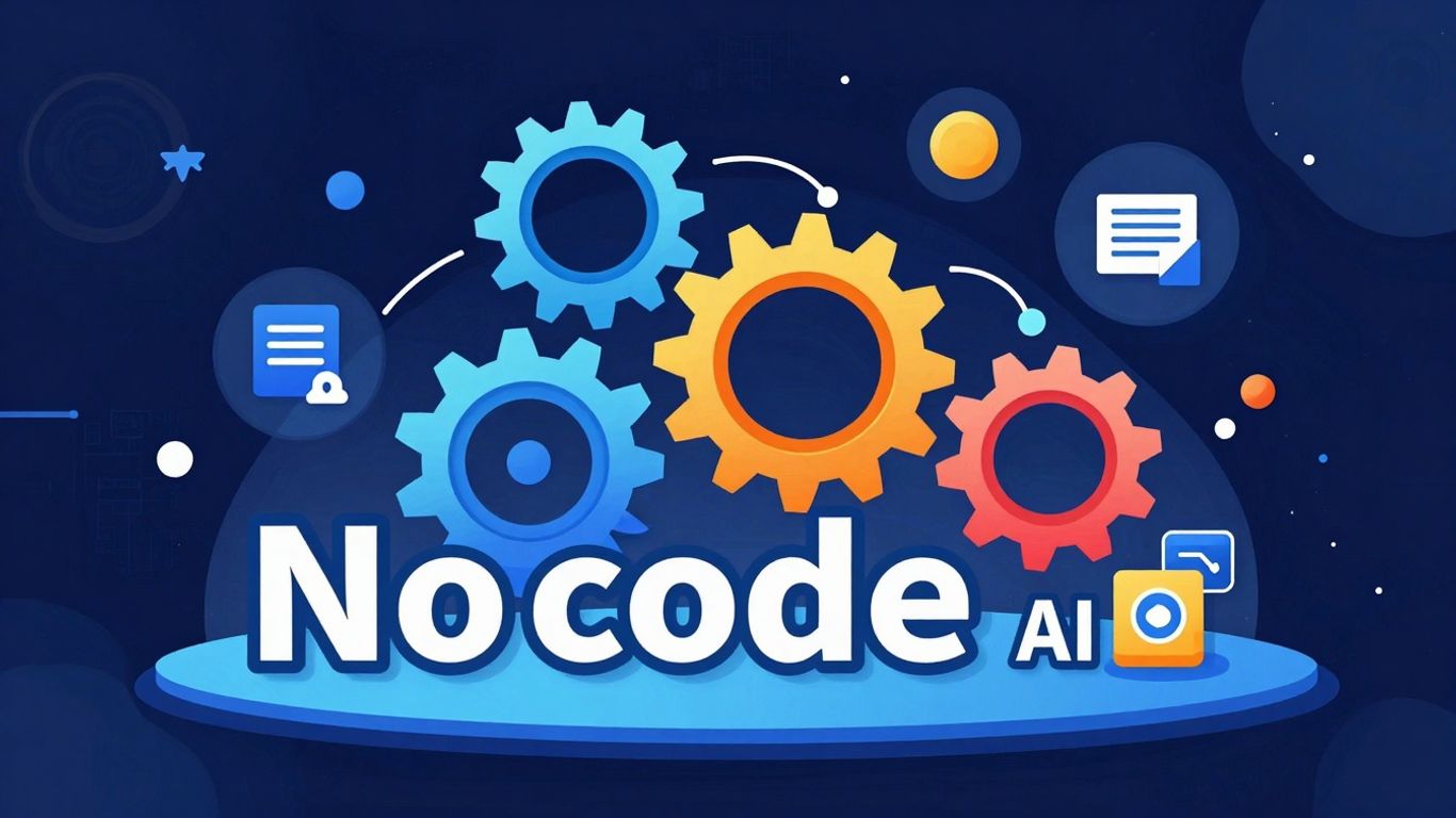 No-code AI automation infographic with gears and nodes.