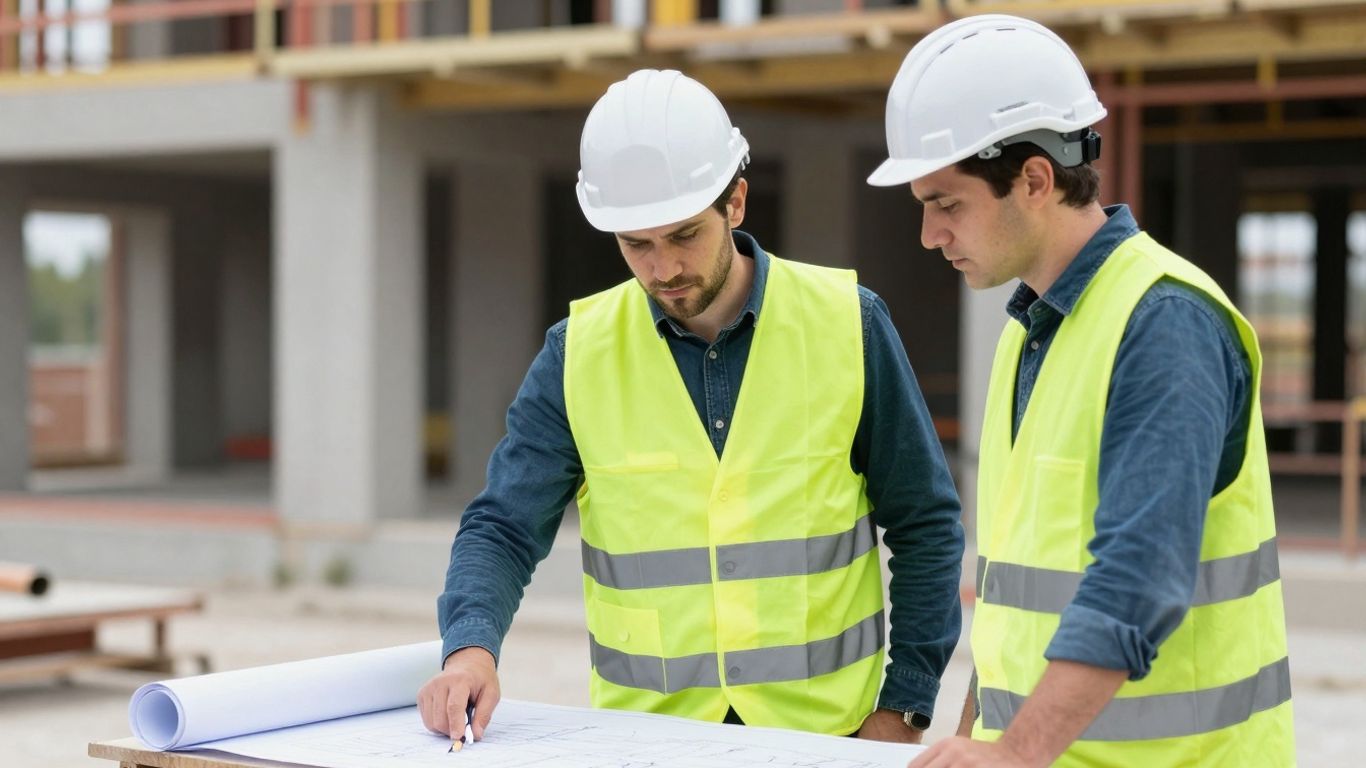 Bauarbeiter mit Bauplan auf Baustelle