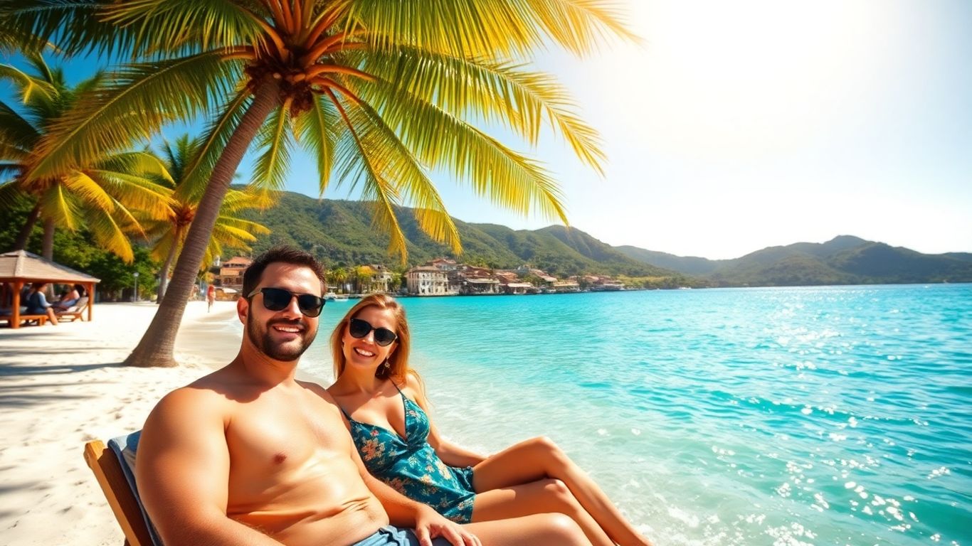 Couple relaxing on a sunny beach with turquoise water.