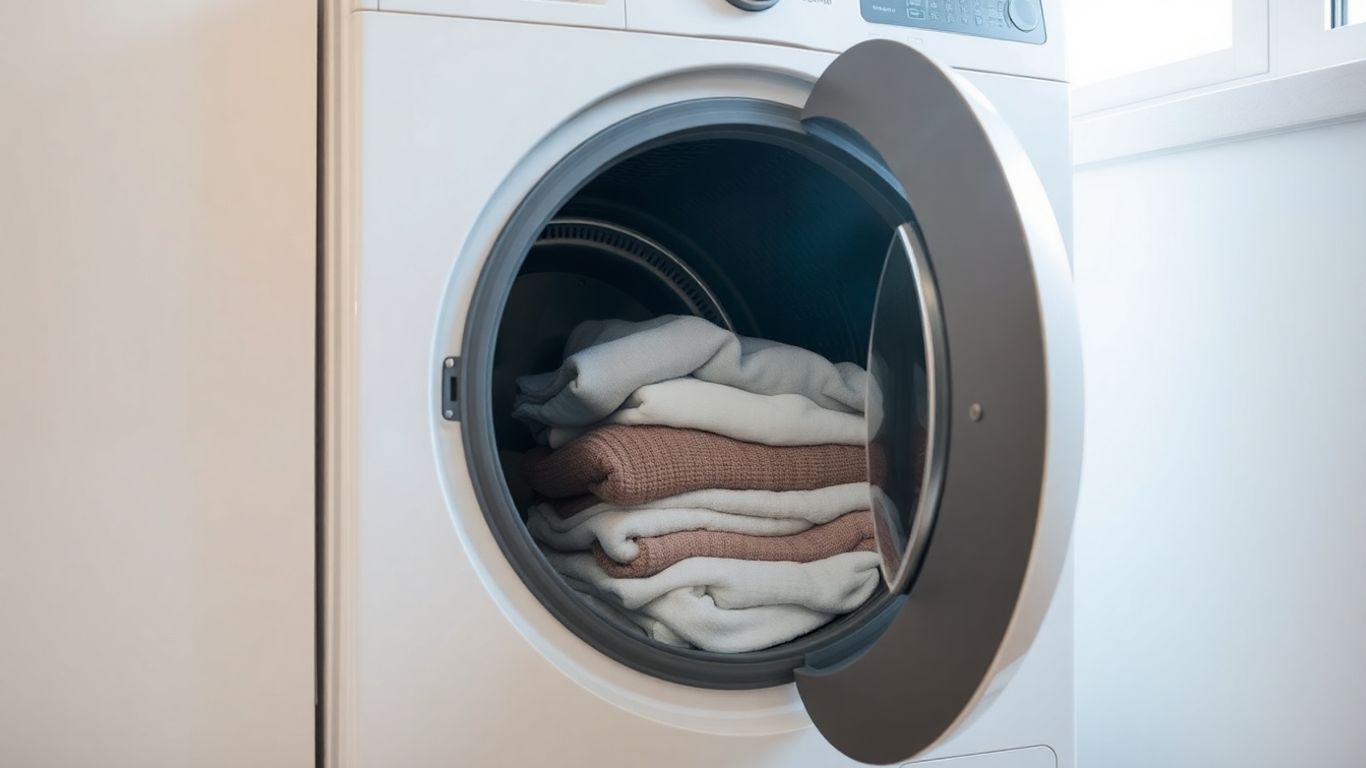 Clothes dryer with clean laundry inside.