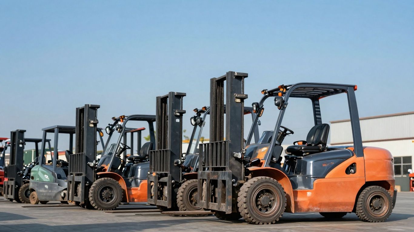 รถโฟล์คลิฟท์หลายคันจอดในคลังสินค้า