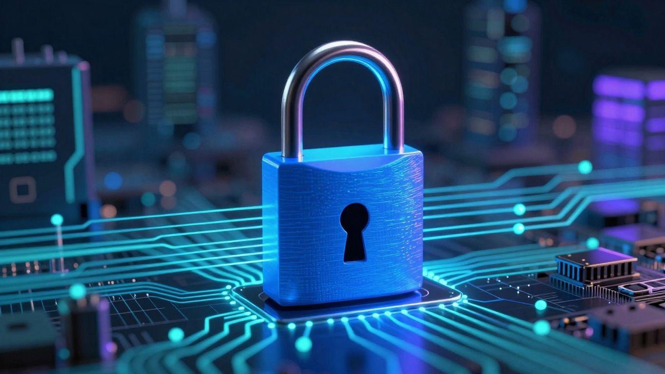 Securitatea datelor digitale într-un peisaj futurist.