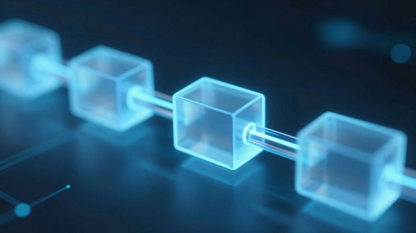 Interconnected glowing blocks forming a digital chain.