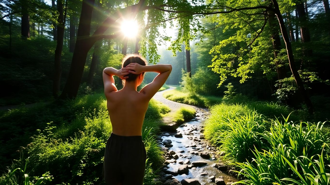 Person stretching back in a peaceful natural setting.