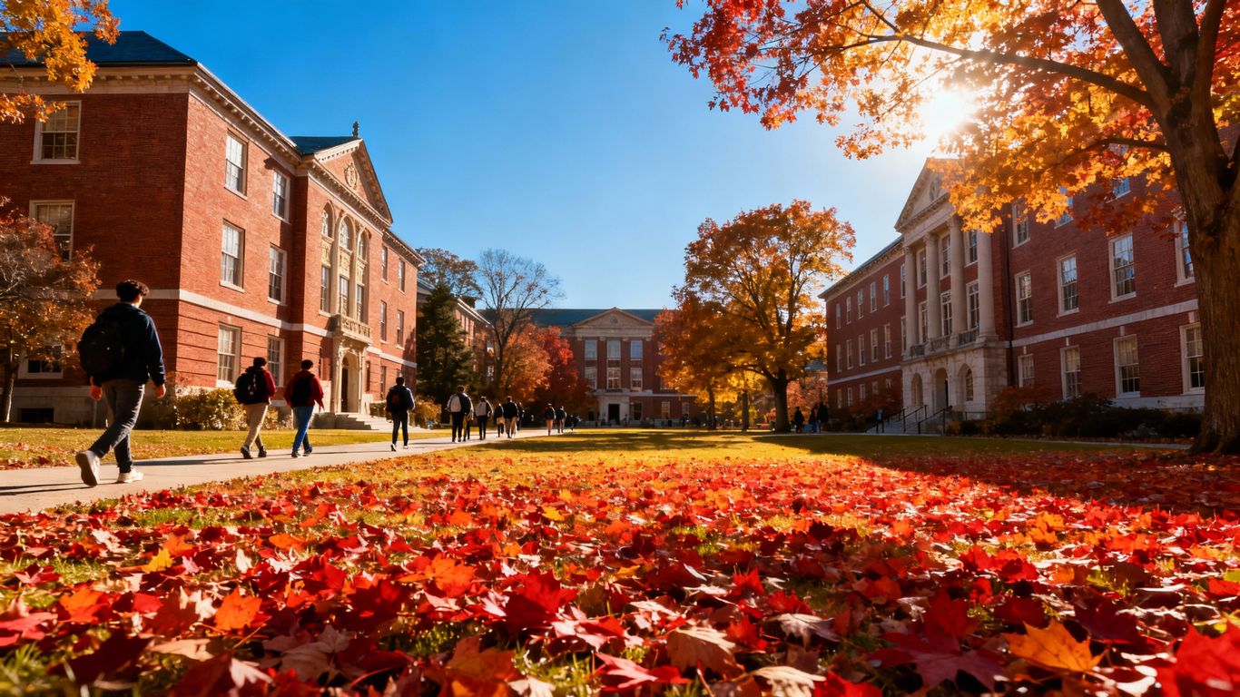 University campus with autumn leaves and brick buildings.