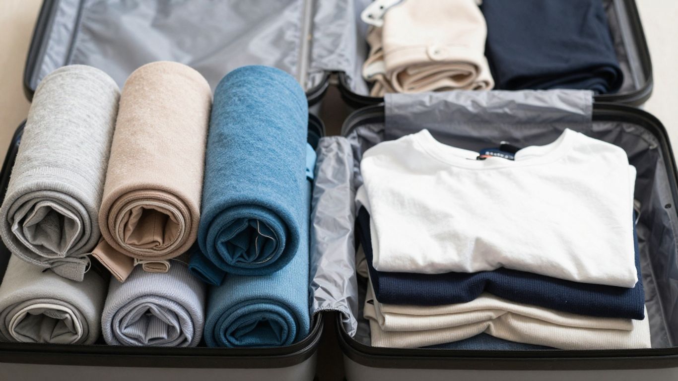 Rolled vs. folded clothes for travel packing.