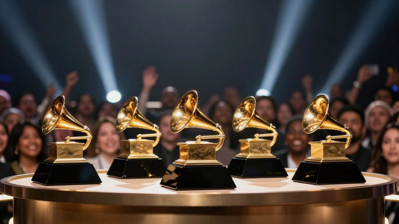 Grammy Winners 2026: Who's Taking It Home? 2 Grammy Awards trophies on stage with audience.