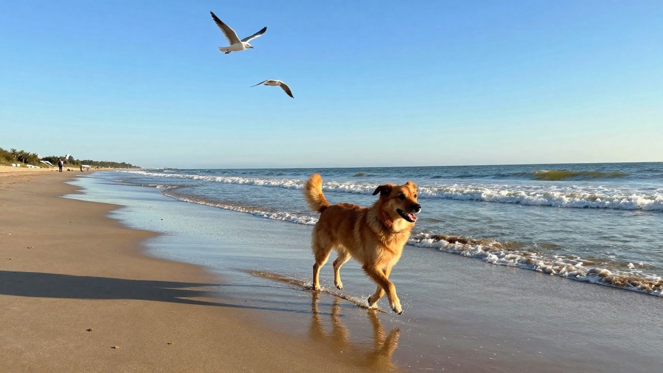 Hond rent op strand bij zee met zon