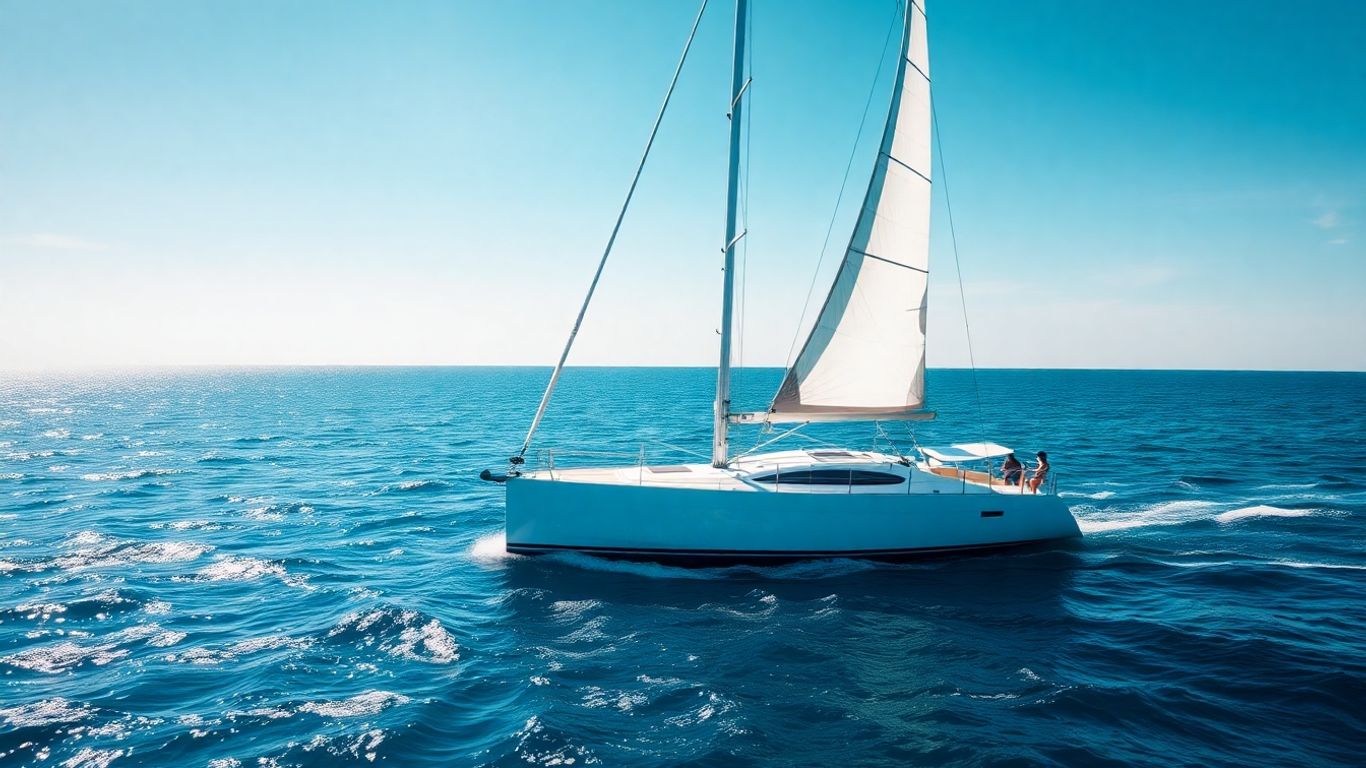 Modern 40 foot sailboat sailing on blue ocean.