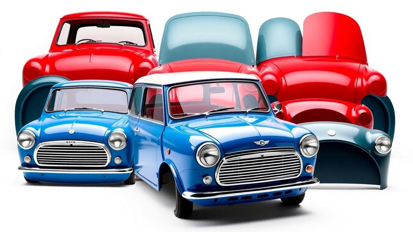 Shiny Mini Cooper body parts: bumpers, hood, fenders.