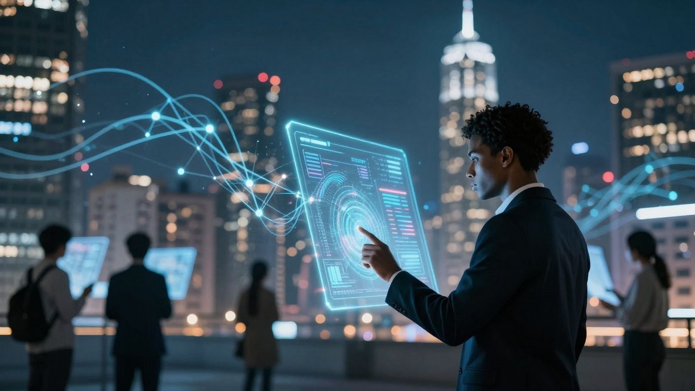 Futuristic cityscape with glowing digital streams and holographic interfaces.