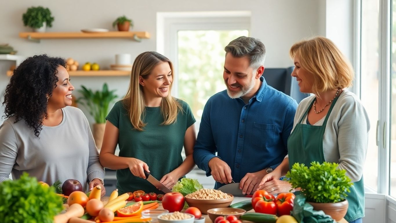 Menschen bereiten gemeinsam gesunde Mahlzeit in heller Küche zu.