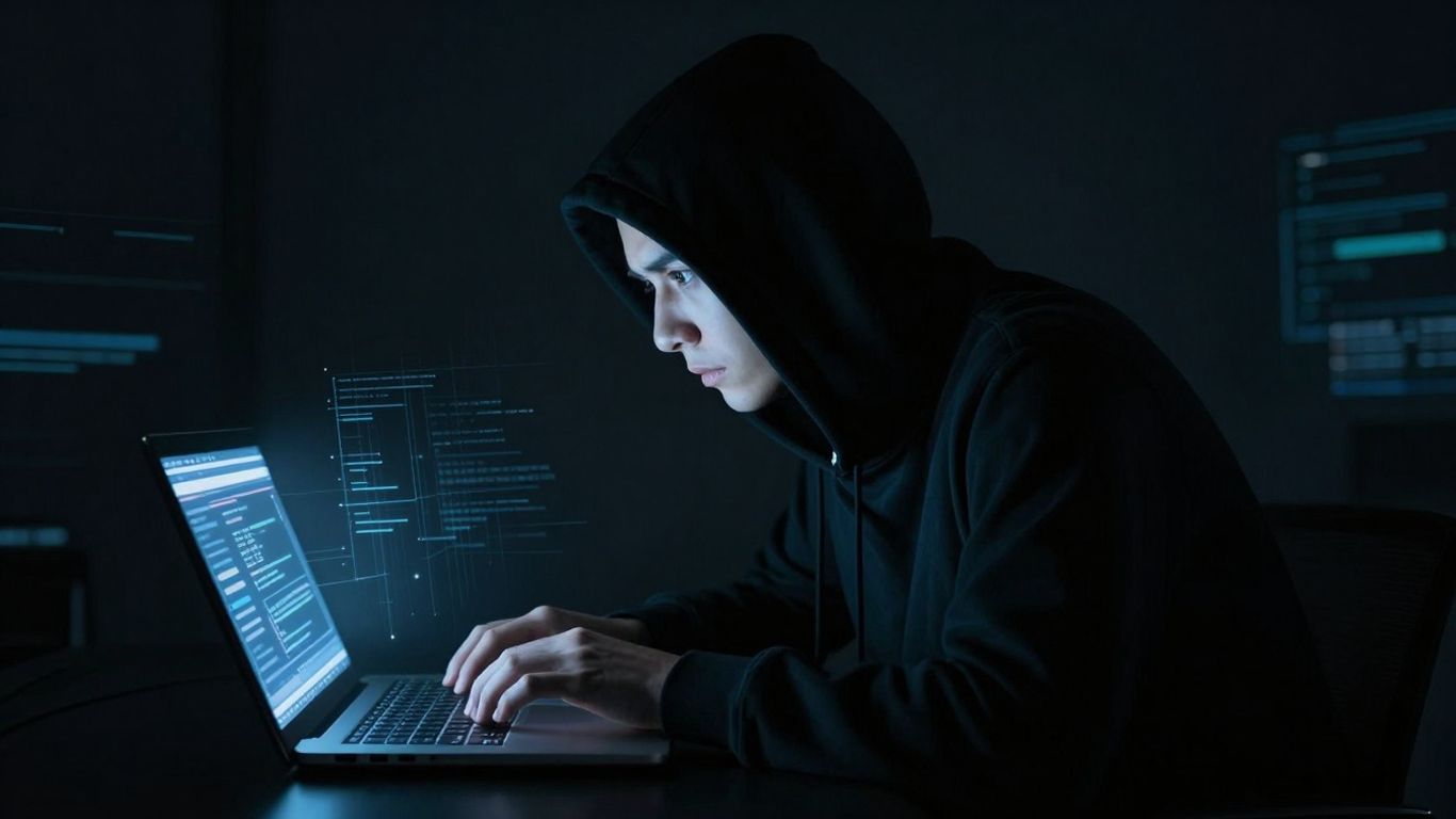 Laptop with data flowing invisibly, suggesting spyware.