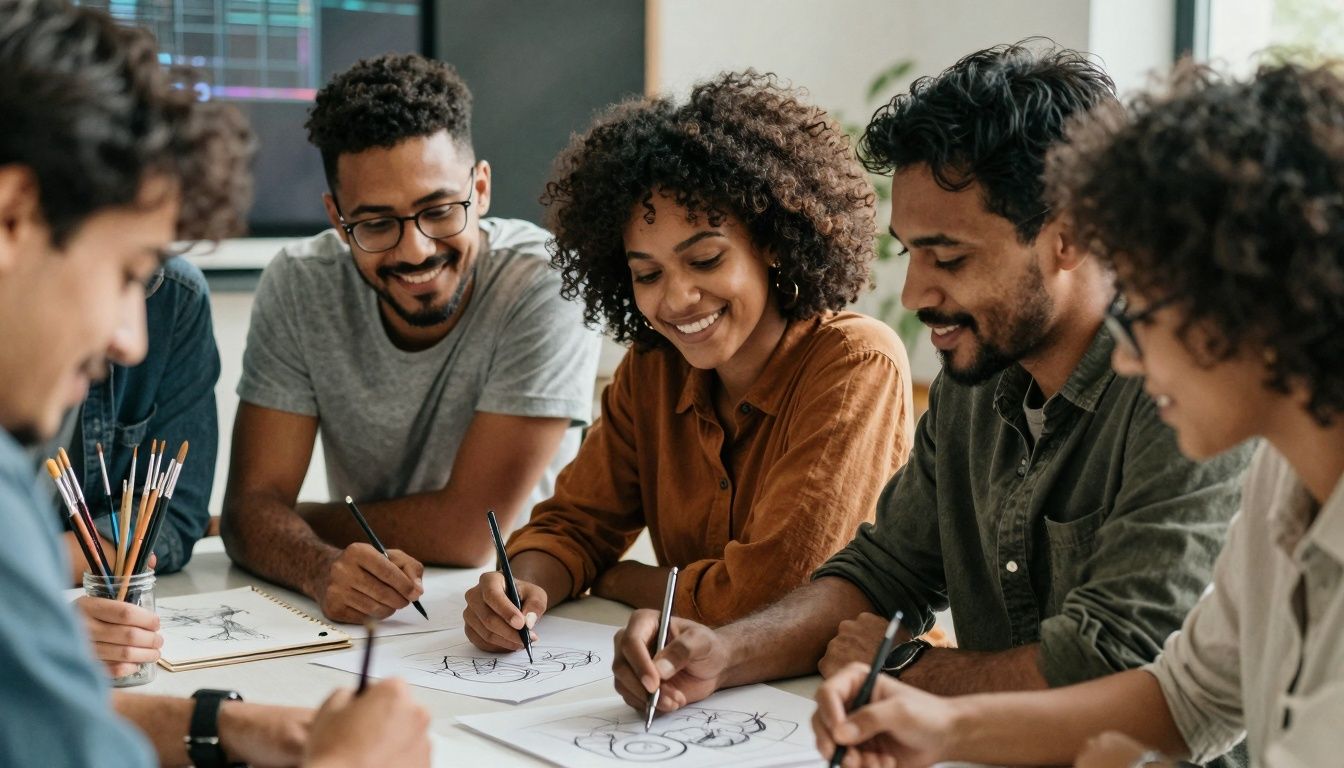 People collaborating and creating art, symbolizing human creativity over AI.