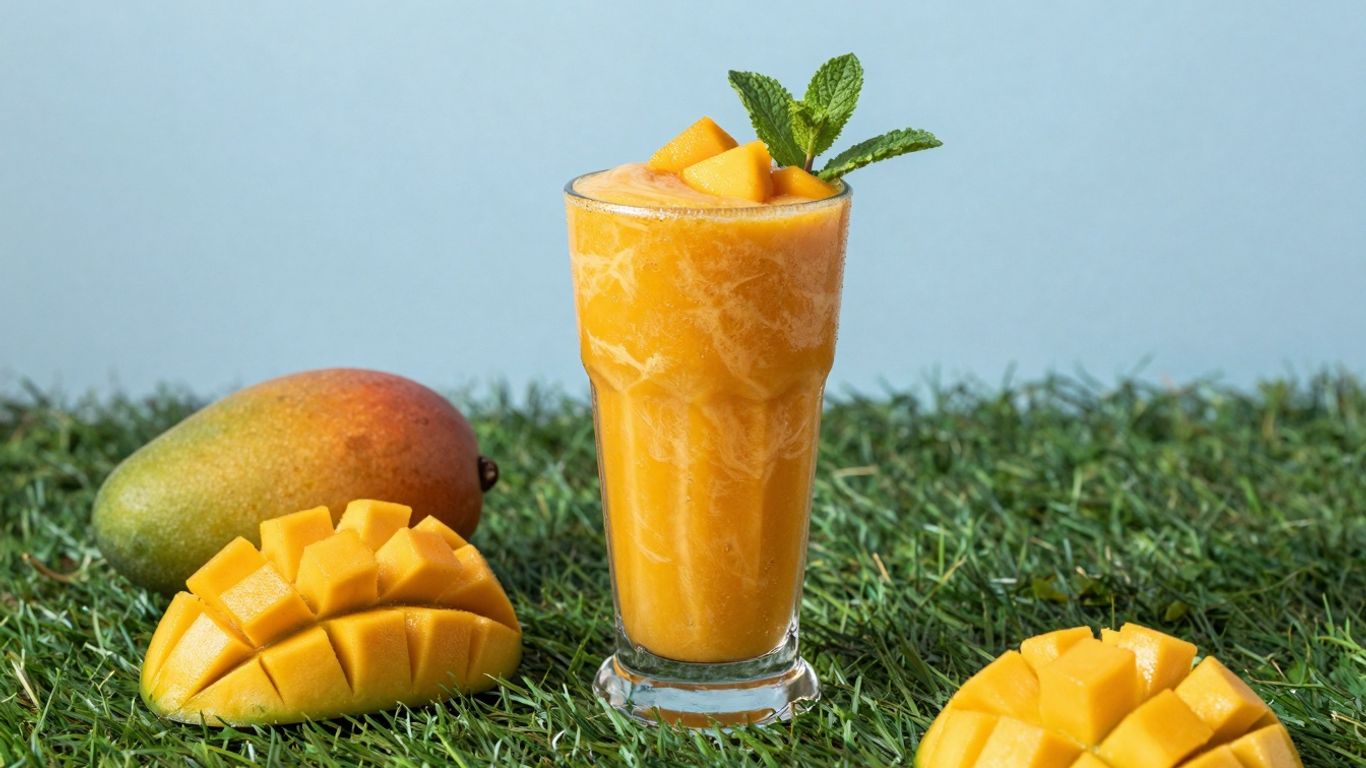 Orange-mango smoothie in a glass with mango chunks.