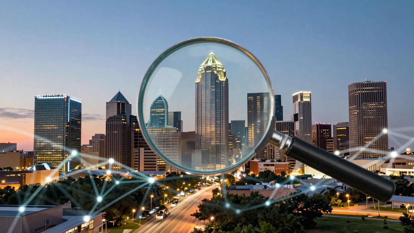 Dallas skyline with SEO magnifying glass