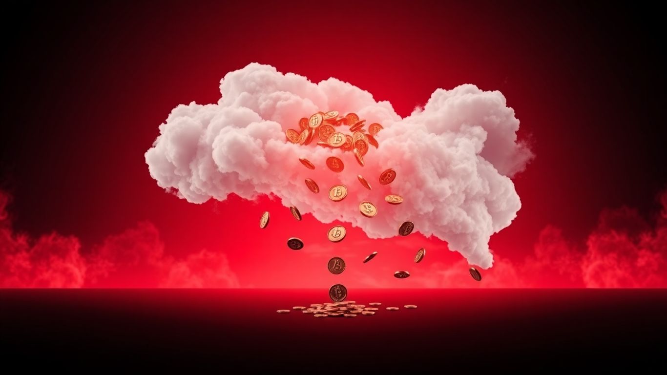 Cryptocurrency crash with falling coins and red background.