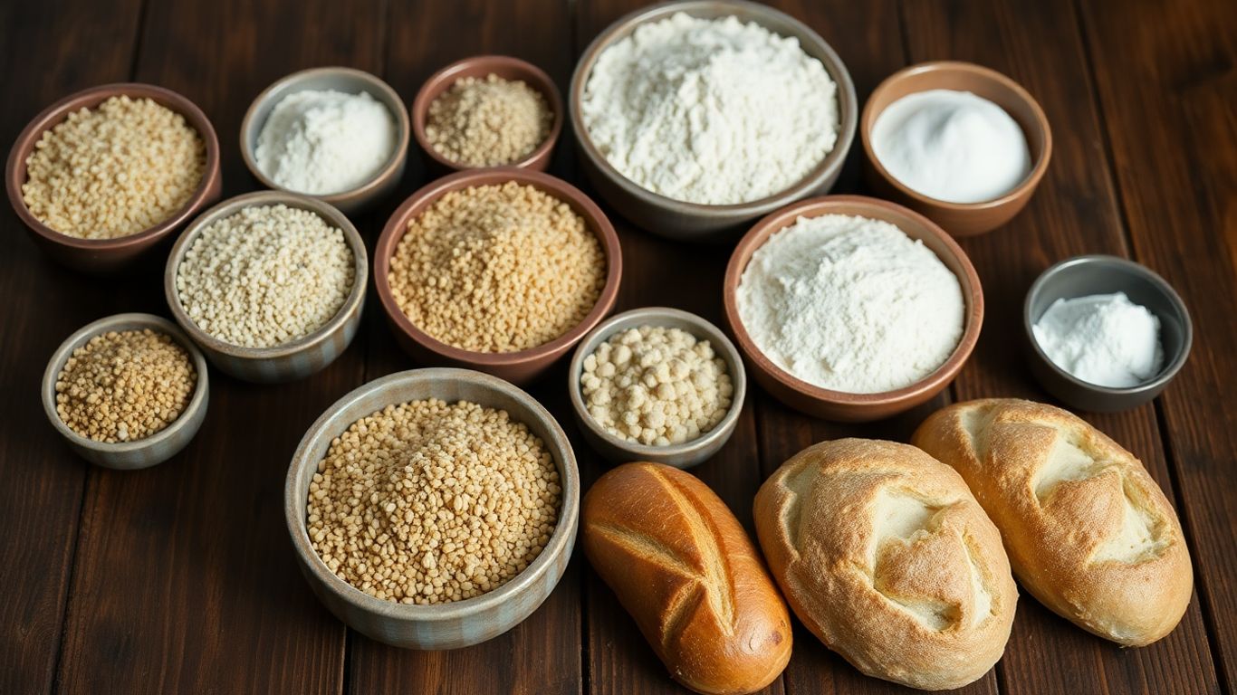 Verschiedene alternative Mehle und Backwaren auf einem Tisch.